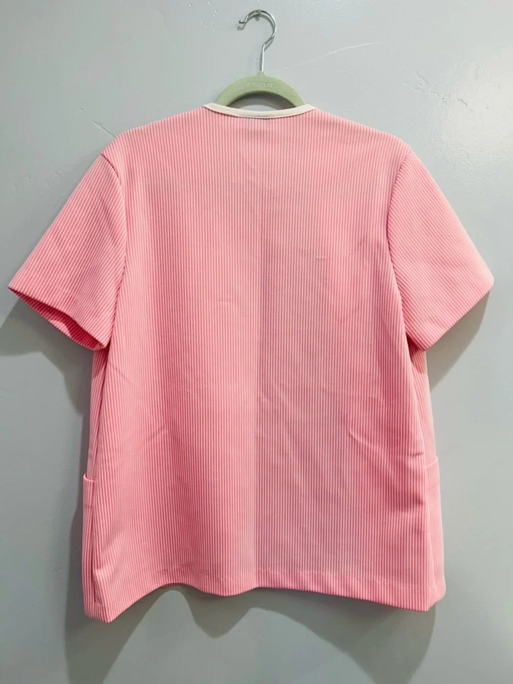 Vintage 70s Booth Bay Pink Striped Knit Cardigan Short Sleeve Pockets Cottage M